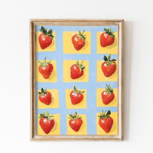 Tranh treo tường, tranh nhà bếp trang trí phòng bé, Playful Strawberry Checkerboard Print, Minimalist Kitchen Fruits Art, Blue and Yellow Kids Nursery Printable Art, Vibrant Fruits Decor
