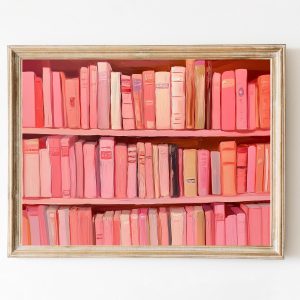 Tranh treo tường, tranh trang trí, Pink Bookshelf Print: Book Lover Pastel Wall Art ( Print)