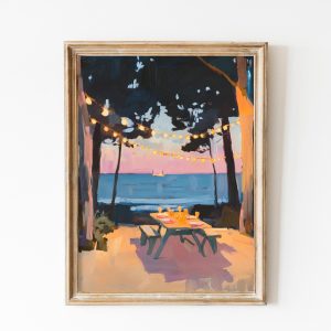 Tranh treo tường, tranh biển hiện đại trang trí, Retro Friendship Print, Abstract Costal Beach Summer Painting, Night Dinner Girly Seaside Decor, Picnic Printable Wall Art