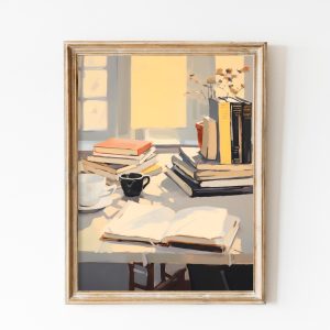 Tranh treo tường, tranh trang trí, Coffee and Books Art Print: Mid-Century Modern Bookworm Decor ( Print)