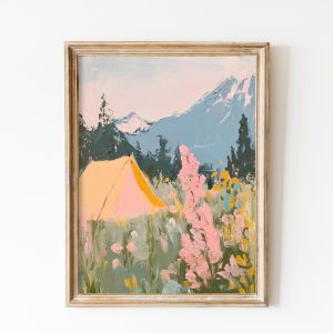 Tranh treo tường, tranh hoa phong cảnh trang trí, Camping in Wildflowers Print, Pink Tent in Mountain Landscape, Fauvist Nature Wall Art, Summer Adventure Poster, Cozy Pastel Decor