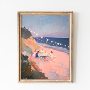 Tranh treo tường, tranh biển cổ điển trang trí, Coastal Beach Picnic Print: Retro Seaside Wall Art ( )