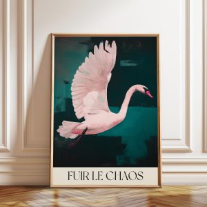 Tranh treo tường, tranh trang trí, Elegant Pink Swan Art Print: French Wall Decor, 'Fuir Le Chaos'