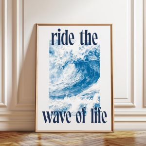 Tranh treo tường, tranh biển trang trí, Ocean Wave Art Print: Indigo Hokusai Style Surf Decor