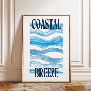 Tranh treo tường, tranh biển trang trí, Coastal Breeze Art Print: Blue Watercolor Waves, Serene Wall Decor