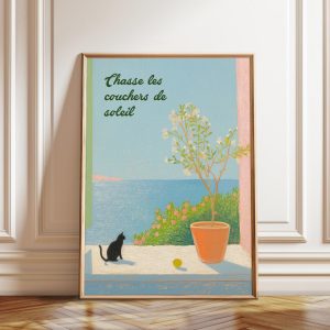 Tranh treo tường, tranh động vật biển trang trí, Ocean View Cat Silhouette Art Print: French Seaside Balcony Poster