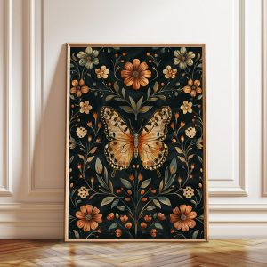 Tranh treo tường, tranh hoa cổ điển trang trí, Vintage Butterfly Floral Print: Dark Academia Wall Art