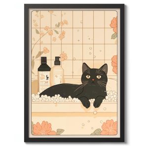 Tranh treo tường, tranh phong cảnh động vật trang trí, Black Cat in Bath Anime Print, Japanese Woodblock Poster, Cat Wall Art Decor, Perfect Gift