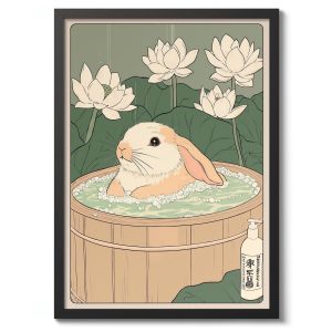 Tranh treo tường, tranh phong cảnh động vật trang trí, Bunny Rabbit Bathtime Print, Japanese Woodblock Wall Art, Anime Decor Poster, Animal Gift
