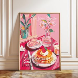 Tranh treo tường, tranh nhà bếp trang trí, French Breakfast Art Print: Pink Cafe Decor (Poster, Canvas, Framed)