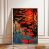 Tranh treo tường, tranh hiện đại trang trí, Red Water Lilies Pond Art Print: Abstract Sunset Reflection Wall Decor