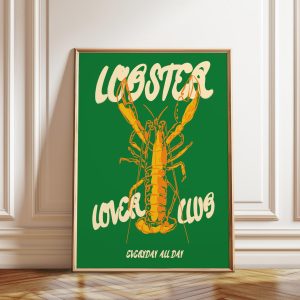 Tranh treo tường, tranh nhà bếp biển trang trí, Lobster Lover Club Poster: Retro Seafood Kitchen Wall Art