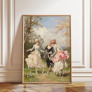 Tranh treo tường, tranh trang trí, Rococo Fashion Art Print: Three Women Dancing, French Script Overlay