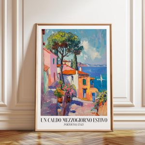 Tranh treo tường, tranh phong cảnh biển trang trí, Portofino Coastal Art Print: Italian Village, Matisse Style
