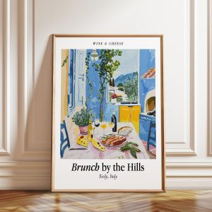 Tranh treo tường, tranh đồ uống trang trí, Sicilian Brunch Art Print: Wine, Cheese & Rolling Hills