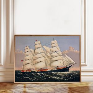Tranh treo tường, tranh biển cổ điển trang trí, Clipper Ship 'Three Brothers' Nautical Art Print: Vintage Yacht Painting