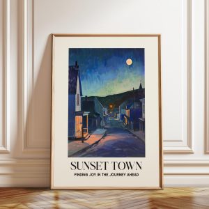 Tranh treo tường, tranh trang trí, Moonlit Town Art Print: Evening Street Scene, Inspirational Home Decor