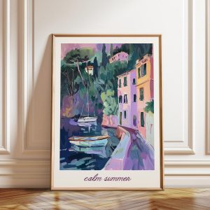 Tranh treo tường, tranh biển trang trí, Coastal Town Art Print: Mediterranean Seaside Boats, Impressionist Decor
