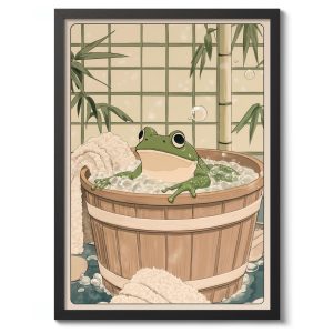 Tranh treo tường, tranh phong cảnh động vật trang trí, Frog in Bathtub Print, Japanese Anime Poster, Woodblock Illustration Decor, Animal Wall Art, Bathroom Gift