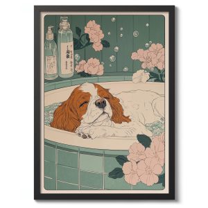 Tranh treo tường, tranh phong cảnh nhà bếp trang trí, King Charles Spaniel Bathtime Print, Anime Bathroom Poster, Woodblock Illustration Decor