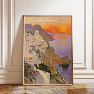 Tranh treo tường, tranh phong cảnh biển trang trí, Mediterranean Sunset Print: Greek Village Coastal Wall Art