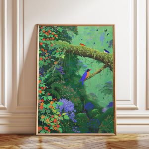 Tranh treo tường, tranh phong cảnh động vật trang trí, Rainforest Bird Art Print: Lush Jungle Foliage Wall Decor