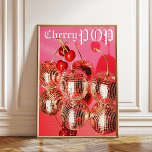 Tranh treo tường, tranh cổ điển trang trí, Cherries Disco Ball Art Poster - Retro Cherry Pop Art Print – Pink Funky Fruit Disco-Inspired Wall Art – Poster, Framed, and Canvas Print