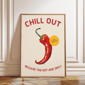 Tranh treo tường, tranh nhà bếp trang trí, Red Chili Pepper 'Chill Out' Poster: Spicy Kitchen Wall Art