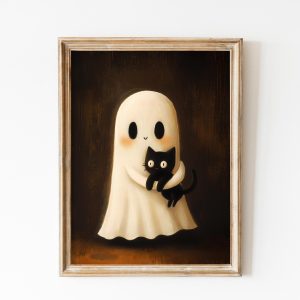 Tranh treo tường, tranh động vật trang trí phòng bé, Vintage Cute Ghost Black Cat Wall Art, Spooky Halloween Trendy Printable Cute Ghost Painting Girly Nursery Painting Kids Decor Halloween
