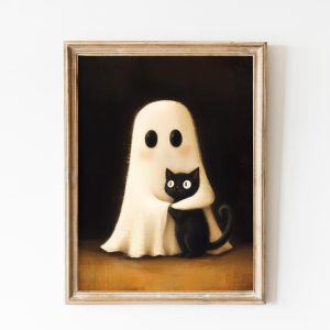Tranh treo tường, tranh động vật trang trí phòng bé, Vintage Halloween Ghost Cat Print: Dark Academia Nursery Art (