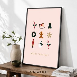 Tranh treo tường, Bộ họa tiết Giáng Sinh dễ thương, Cute Christmas Icons, Merry Christmas, Holiday Art, nhận in theo yêu cầu.