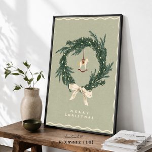 Tranh treo tường, Vòng nguyệt quế và nơ Giáng Sinh, Christmas Wreath, Holiday Wreath, Christmas Decor, nhận in theo yêu cầu.