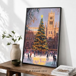 Tranh treo tường, Cây thông Noel giữa quảng trường mùa đông, Christmas Tree, Winter City, Christmas Wall Art, nhận in theo yêu cầu.