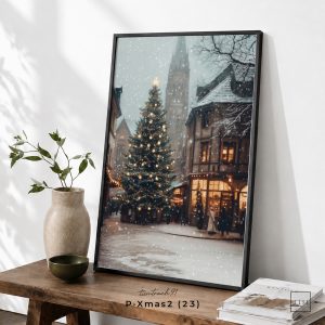 Tranh treo tường, Phố tuyết và cây thông Noel, Snowy Street, Christmas Tree, Winter Wall Art, nhận in theo yêu cầu.