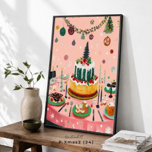 Tranh treo tường, Bánh kem Giáng Sinh và đồ trang trí, Christmas Cake, Christmas Party, Holiday Decor, nhận in theo yêu cầu.