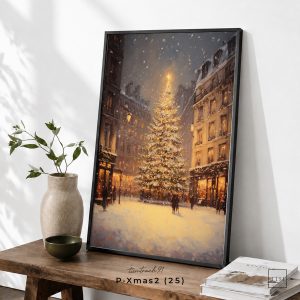 Tranh treo tường, Cây thông Noel giữa phố mùa đông, Christmas Tree, Winter Street, Christmas Wall Art, nhận in theo yêu cầu.