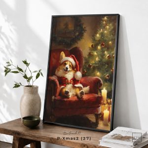 Tranh treo tường, Chú chó ngồi bên cây thông Noel, Christmas Dog, Christmas Tree, Cozy Holiday, nhận in theo yêu cầu.