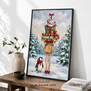 Tranh treo tường, Người tuyết Giáng Sinh và chim cánh cụt, Snowman, Penguin, Christmas Art, nhận in theo yêu cầu.