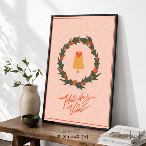Tranh treo tường, Vòng nguyệt quế Giáng Sinh và chuông, Christmas Wreath, Christmas Bell, Holiday Decor, nhận in theo yêu cầu.