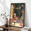 Tranh treo tường, Cô bé đứng bên cửa sổ đêm Giáng Sinh, Christmas Girl, Winter Window, Holiday Wall Art, nhận in theo yêu cầu.