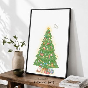 Tranh treo tường, Cây thông Noel minh họa, Christmas Tree, Illustrated Christmas, Wall Art, nhận in theo yêu cầu.
