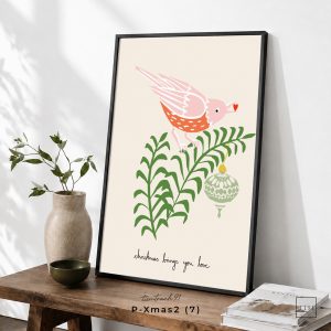 Tranh treo tường, Chim và cành lá Giáng Sinh, Christmas Bird, Holiday Botanical, Christmas Wall Art, nhận in theo yêu cầu.