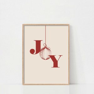 Tranh Chữ 'Joy', Quote Giáng Sinh, Tranh Vintage Tối giản, Trang trí Màu đỏ