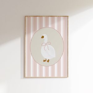 Tranh treo tường, tranh phong cảnh trang trí phòng bé, Cute Goose Poster Light Pink Stripe Nursery Decor Vintage Aesthetic Nursery Farm Nursery Decor Girl's Room Goose Print Blue Bow Coquette Art