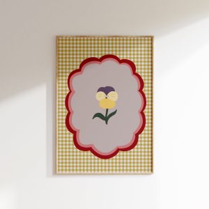 Tranh treo tường, tranh hoa trang trí phòng bé, Flower Illustration Fun Girls Room Print Smiley Flower Kids Room Flower Printable Pansy Wall Art Bright Nursery Print Gingham Dopamine Decor