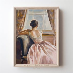 Tranh treo tường, tranh trang trí, Elegant Lady by the Window Art Print Feminine Art Decor Classic Interior Design Printable Wall Art Soft Pastel Colors