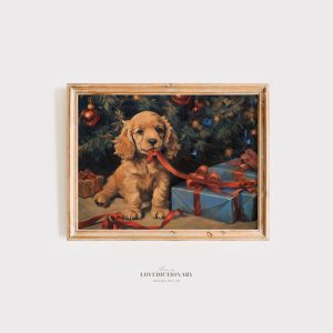 Tranh Chó bên Cây thông Noel, Tranh Giáng Sinh Vintage, Trang trí Noel Hợp thời