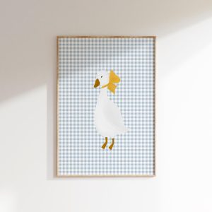 Tranh treo tường, tranh phong cảnh trang trí phòng bé, Girls Room Goose Wall Art Coquette Room Decor Cottagecore Nursery Little Girls Room Goose Print Gingham Wall Art Preppy Nursery Art Blue