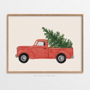 Tranh Xe tải Đỏ Chở Cây thông Noel, Trang trí Lễ hội, Phong cách Rustic Đồng quê