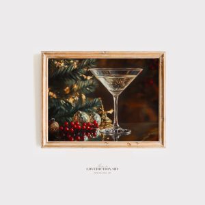 Tranh Đồ uống và Cây thông Noel, Tranh Giáng Sinh Vintage, Trang trí Noel Mộc mạc